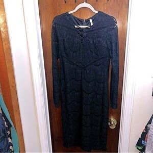 LBD Large Lace Long Sleeve Black Dress with Silk skirt underneath zip up back